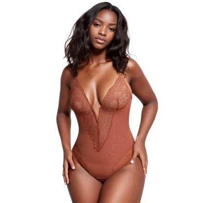 Deep-V Neck Lace Thong Bodysuit