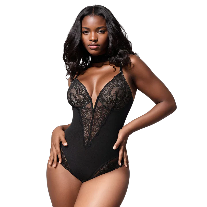 Deep-V Neck Lace Thong Bodysuit