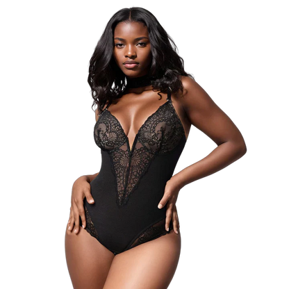 Deep-V Neck Lace Thong Bodysuit
