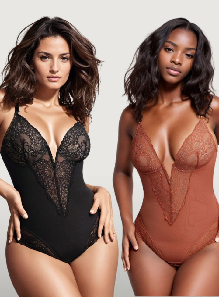 Deep-V Neck Lace Thong Bodysuit